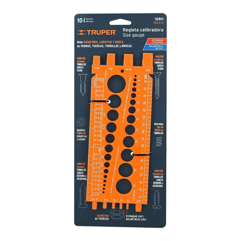 TRUPER Regla 22 Bolt Size Gauge For Precise Bolt Diameter Measurement In Metalworking Tools, packaged front view