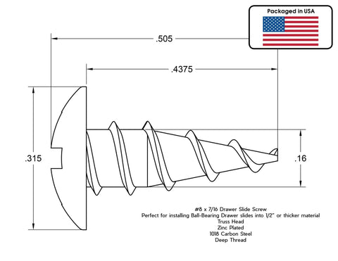 Technical diagram of Eight By Seven Sixteenth Inch Truss Head Ball Bearing Drawer Slide Screw with dimensions and USA flag.