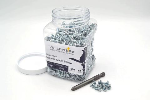 Jar of Eight By Seven Sixteenth Inch Truss Head Ball Bearing Drawer Slide Screws, zinc-plated with Phillips drive bit included
