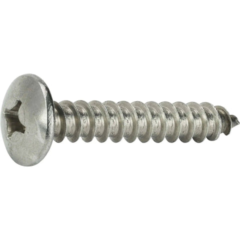 Side view of a No 12 1.5 Inch Truss Head Self-Tapping Sheet Metal Screw, full thread, stainless steel, Phillips drive, ideal for metal projects.