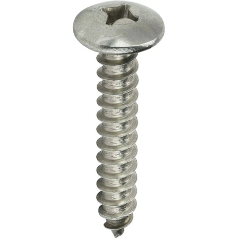 No 12 1.5 Inch Truss Head Self-Tapping Sheet Metal Screw, full thread, Phillips drive stainless steel 18-8 bright finish, close-up view