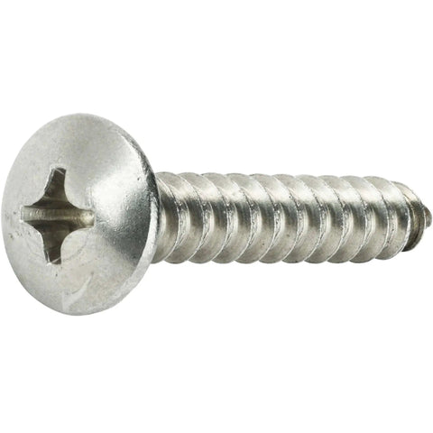 Close-up of No 12 1.5 Inch Truss Head Self-Tapping Sheet Metal Screw with full thread, Phillips drive, stainless steel 18-8, bright finish.