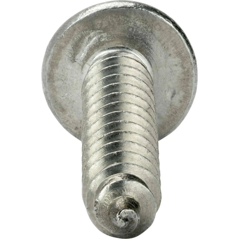 Close-up of No 12 1.5 Inch Truss Head Self-Tapping Sheet Metal Screw with full thread, Philips drive, stainless steel 18-8 bright finish.