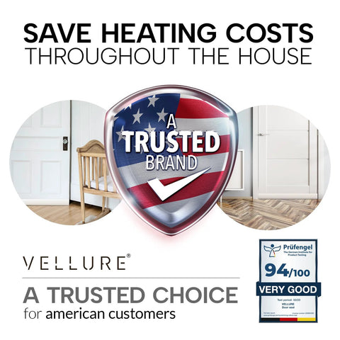 Vellure door draft stopper promo image with trusted-brand shield and three circular interior photos; bottom-of-door weather strip