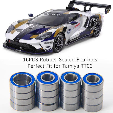16 rubber sealed bearings perfect for Tamiya TT02 RC cars displayed with a model car above