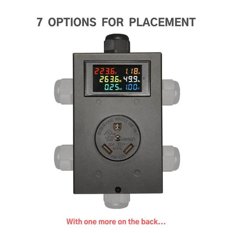 Front view of TT 30 Outlet Meter Box Kit With LCD Display Cable Gland Receptacle And Heavy Duty Steel Box For No Fuss 120V Install