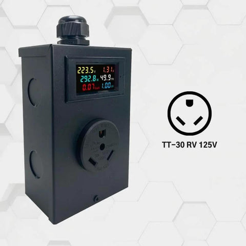 Front view of TT 30 Outlet Meter Box Kit With LCD Display Cable Gland Receptacle And Heavy Duty Steel Box For No Fuss 120V Install