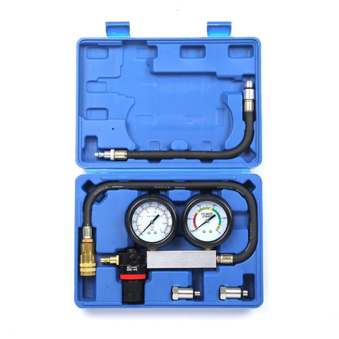 Gnhydxfe TU-21 engine cylinder leak-down tester kit in blue case with dual gauges and hoses