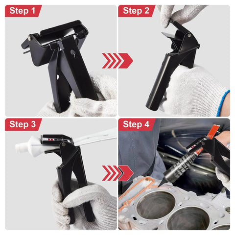 2.5 Inch Tube Extrusion Tool Industrial Size Dispenser For RTV And Silicone in step-by-step use with gloves and engine block.