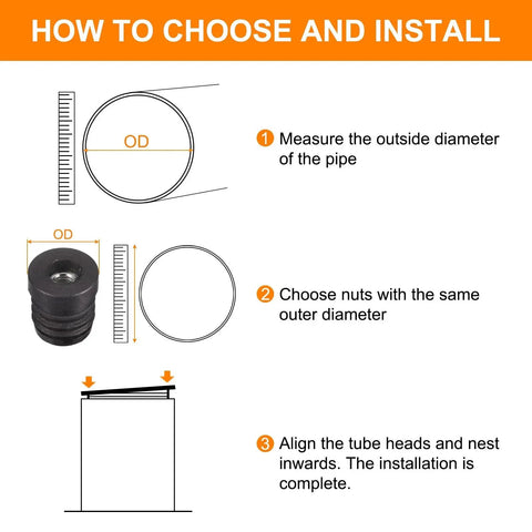 Instruction diagram for installing 8 Piece Set Round Tube Inserts With M6 Thread For 19mm Diameter Round Tubes Black Plastic Plug Caster End Caps