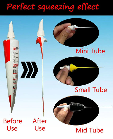 Before and after use of Industrial 2.5 Inch Tube Squeezer Tool With Silicone Bead Dispenser showing different tube sizes.