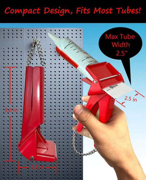 Industrial 2.5 Inch Tube Squeezer Tool With Silicone Bead Dispenser, red grip, handheld view for auto shop and HVAC sealant use.