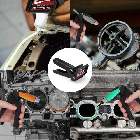 Collage of Pro Grade Tube Squeezer Tool For Silicone And RTV Dispensers in use on various automotive parts.