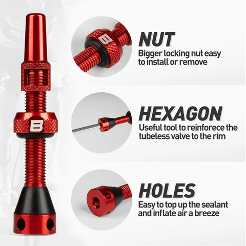 Red BWSHLF tubeless Presta valve stem kit with knurled locknut, hex nut, and core remover tool