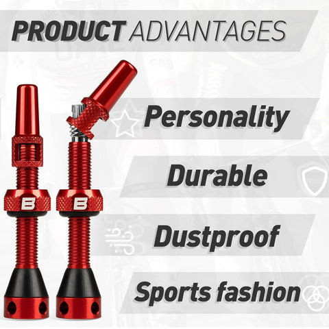 Pair of red alloy Presta tubeless valve stems with caps and core remover tool, front view