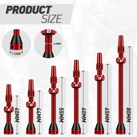 7-pack red aluminum tubeless Presta valve stems for bicycles, sizes 40-100 mm, with caps.