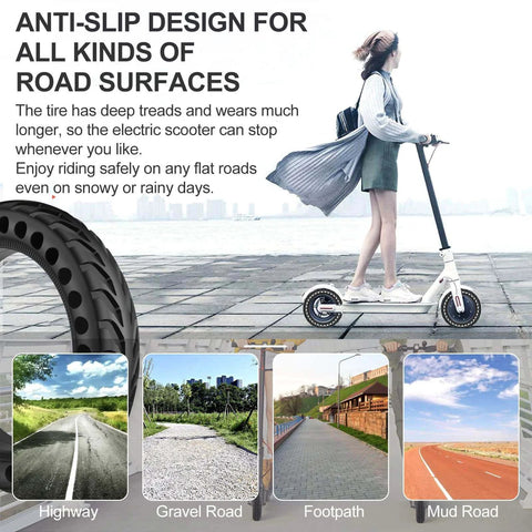 Diagram showing uses for 50/75-6.1 Tubeless Solid Tires for Electric Scooter, highlighting anti-slip design for various road surfaces.