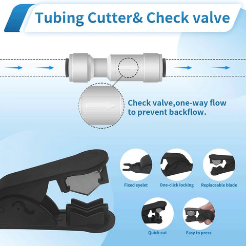 One Quarter Inch Quick Connect Water Line Fittings Kit With Ball Valve Check Valve Tee Elbow And Y Fittings Push To Connect For RO And DI Systems Fridge Ready Ice Maker And Pro Tubing Cutter Easy Install featuring close-up of check valve and tubing cutter with detailed features.