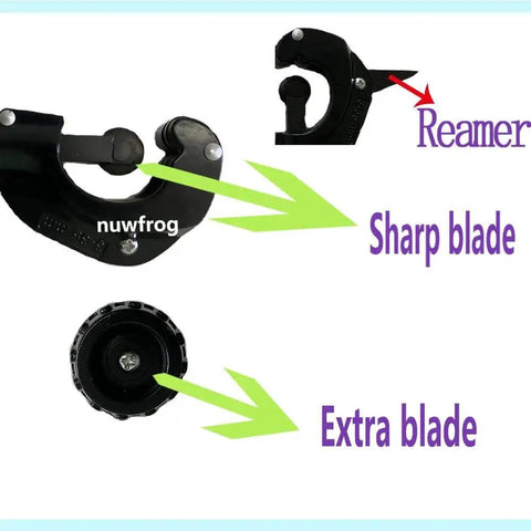Versatile Tubing And Pipe Cutter For Copper Brass PVC Thin Stainless Steel And Aluminum From One Eighth Inch To One And Three Eighths Inch Outer Diameter With An Extra Blade And Reamer Lightweight Alloy Steel For Clean Precise Cuts In Plumbing And DIY image showing sharp blade, reamer, and extra blade details.