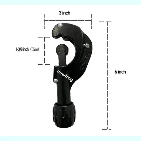 Versatile Tubing And Pipe Cutter For Copper Brass PVC Thin Stainless Steel And Aluminum From One Eighth Inch To One And Three Eighths Inch Outer Diameter With An Extra Blade And Reamer Lightweight Alloy Steel For Clean Precise Cuts In Plumbing And DIY shown with size measurements