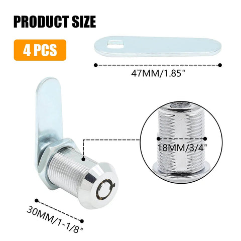 4 Pack Tubular Cam Lock One And One Eighth Inch Cabinet Lock Set, zinc alloy, chrome finish, product dimensions