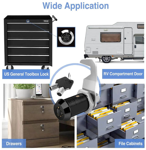 Keep tools safe with a keyed-alike toolbox lock pair featuring hook cam and tubular cam mechanisms, durable black finish