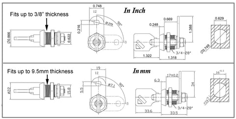Technical diagram showing dimensions for chrome tubular cam lock with keyed alike functionality and removable keys, fits up to 3/8 inch thickness.