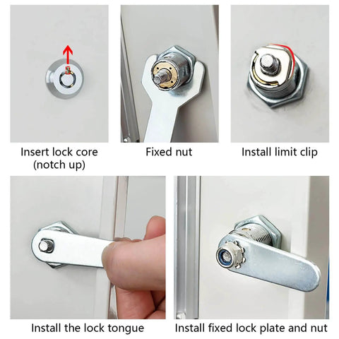 Installation process for 4 Pack Tubular Cam Lock One And One Eighth Inch Cabinet Lock Set showing step-by-step assembly instructions.