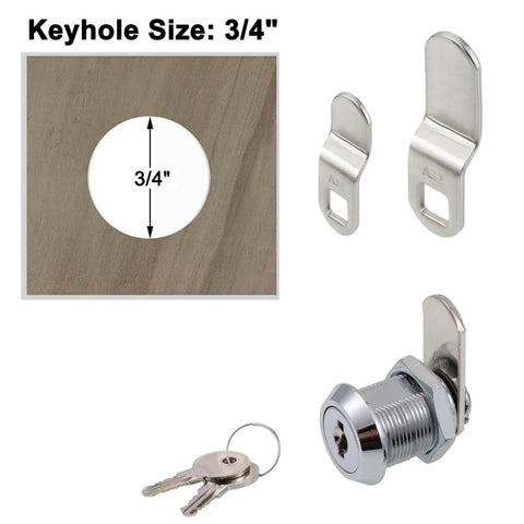 Secure cabinets, drawers, mailboxes and tool boxes with 5/8 inch keyed-alike cam locks showing components and dimensions.