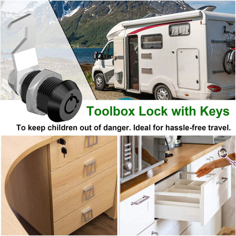 Two Pack Toolbox Locks With Keys Five Eighths Inch Tubular Cam Locks Keyed Alike Hook Cam Locks For Tool Box Drawer Cabinet Mailbox Zinc Alloy Durable Security shown with applications in an RV, workshop, and cabinets.