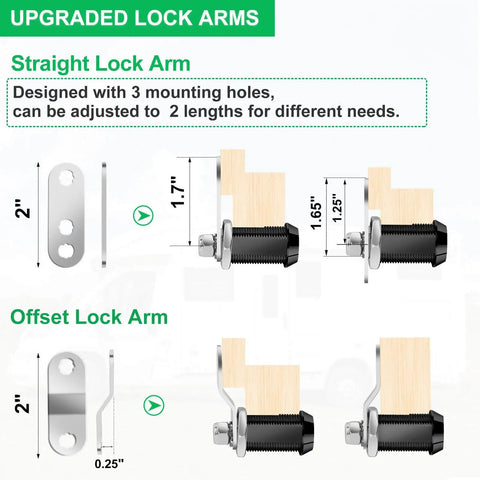 Protect tools, cabinets, and RV compartments with a 2-pack 5/8 inch keyed-alike cam lock set showing upgraded lock arms and measurements.