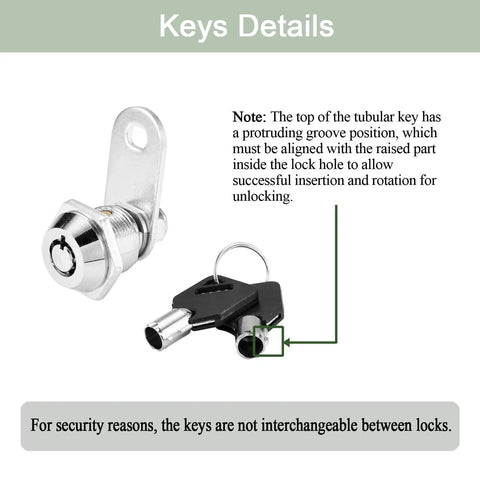 Tubular Cam Lock With Keys For Cabinets And Drawers Five Eighth Inch Cylinder Keyed Different Security Solution shown with keys