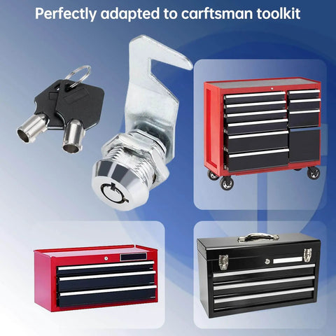 Durable 5/8 inch tubular cam toolbox locks with two keys, zinc alloy chrome finish, shown with various tool chests.