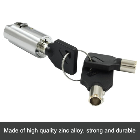 Durable tubular vending machine lock with chrome finish, zinc alloy body, copper core, three keys, shown side view