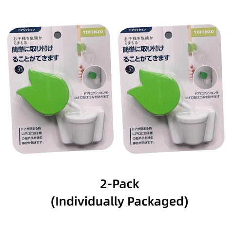 Tulip Shaped Extra Thick Foam Door Pinch Guard And Baby Proof Stopper 2 Pack in green, individually packaged on backing cards.