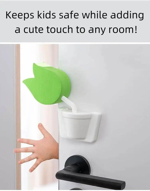 Tulip Shaped Extra Thick Foam Door Pinch Guard And Baby Proof Stopper installed on white door preventing finger pinches