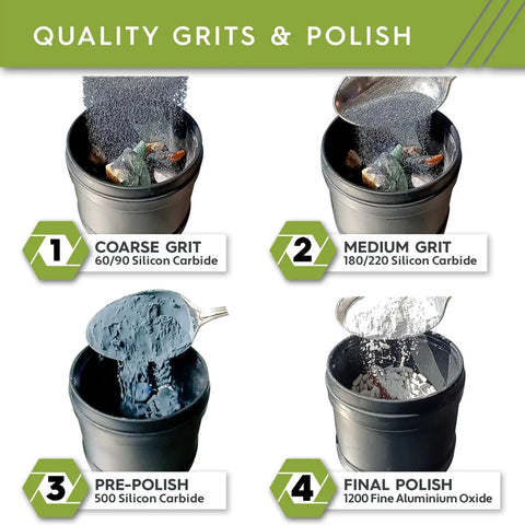Four Step Rock Tumbler Grit and Polish Refill Kit includes four grit grades and a final polish in labeled containers