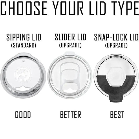 Image of three tumbler lid options: Sipping Lid (Standard), Slider Lid (Upgrade), Snap-Lock Lid (Upgrade) for Custom Engraved 20oz Vacuum Insulated Tumbler With Silicone Grip In Black Motorcycle Theme Badass Personalization Included Keeps Drinks Cold 24 Hours Or Hot 8 Hours Durable Steel Gift For Riders.