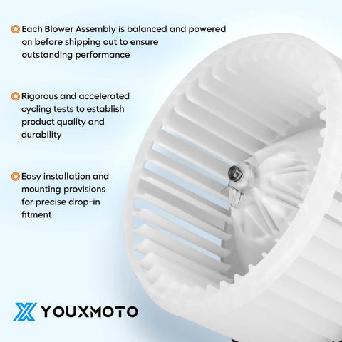 Close-up of HVAC Blower Motor Assembly For Toyota Tundra 2000 2001 2002 2003 2004 2005 2006 Excludes Crew Cab Pickup Replaces 87103 0C010 615 58482 700060 TO3126113 Durable Copper Core For Quiet Reliable Airflow, highlighting white plastic fan blades.