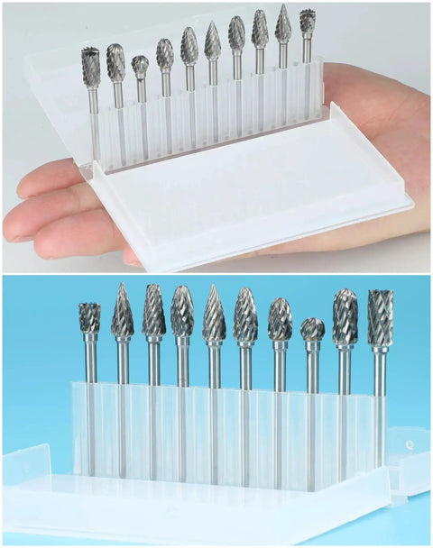 Ten Piece Tungsten Carbide Burr Set With One Eighth Inch Shank for Dremel Milwaukee DeWALT shown in clear plastic case