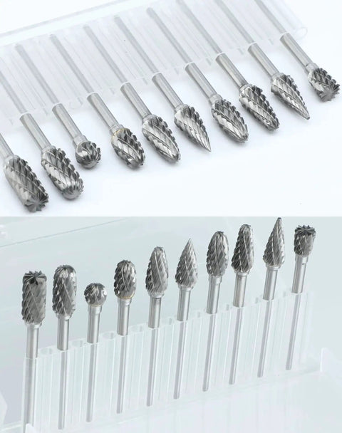 Ten Piece Tungsten Carbide Burr Set With One Eighth Inch Shank For Dremel Milwaukee DeWALT Rotary Tools Attachment Kit