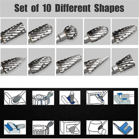 Ten Piece Tungsten Carbide Double Cut Rotary Burr Set With One Eighth Inch Shank For Rotary Tools showing 10 different shapes