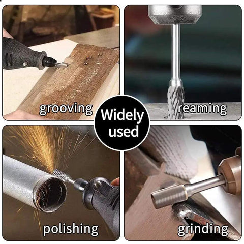 Ten Piece Tungsten Carbide Double Cut Rotary Burr Set With One Eighth Inch Shank used for grooving, reaming, polishing, and grinding
