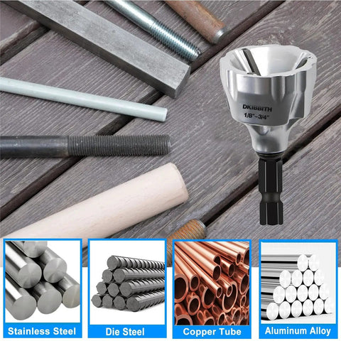 Heavy Duty Deburring Chamfer Tool with Tungsten Carbide Blades and Fast Hex Shank displayed with various metal rods and pipes.