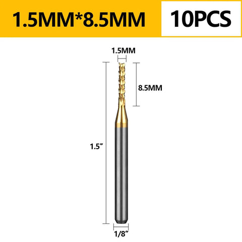 Ten Piece TiN Coated Solid Carbide End Mills For PCB Engraving And CNC Router Milling With One Eighth Inch Shank 1.5mm Diameter