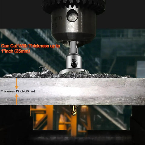 2-Pack 3/4 Inch Tungsten Carbide Tipped Hole Saws Set in use on metal cutting machine with heavy duty 19mm cutter.