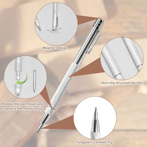 2 Pack Tungsten Carbide Tip Scriber With 12 Replacement Tips Magnetic Aluminium Scriber Tool showing pen features and design