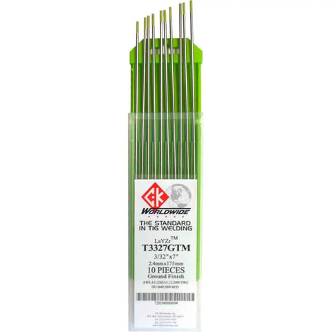 Layzr Chartreuse EWG LaYZr Tungsten Electrode Three Thirty Second Inch By Seven Inch 10 Pack For Robotic Welding Lanthanum Zirconium Yttrium Oxide Core Non Radioactive Optimized For AC And DC Low Voltage Tolerance CK T3327GTM in packaging