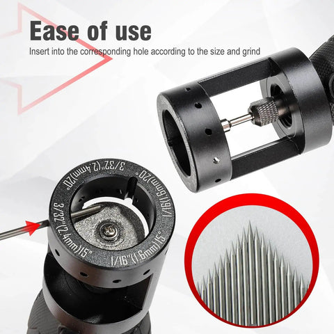 Close-up of Aluminum Tungsten Electrode Sharpener Grinder Head For TIG Welding Tool with 25mm Diamond Wheels in use