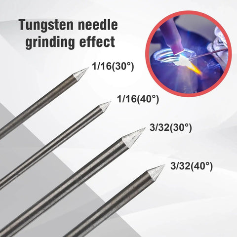 Tungsten needles showing grinding effect with angles 1/16(30°), 1/16(40°), 3/32(30°), 3/32(40°) for TIG welding application